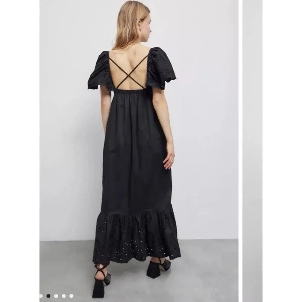 En Saison Barnette Black Midi Dress Eyelet Sleeves Size XS Pockets NWT